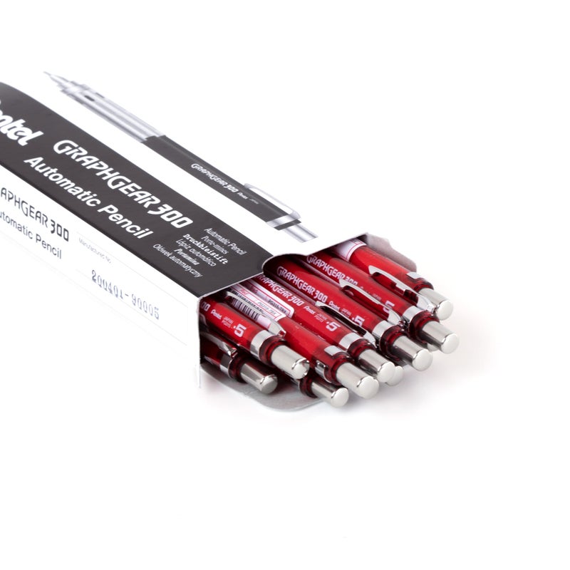 Pentel قلم رصاص ميكانيكي بنتل جراف جير 300، علبة من 12 قلم رصاص، أحمر، 0.5 مم - Image 2