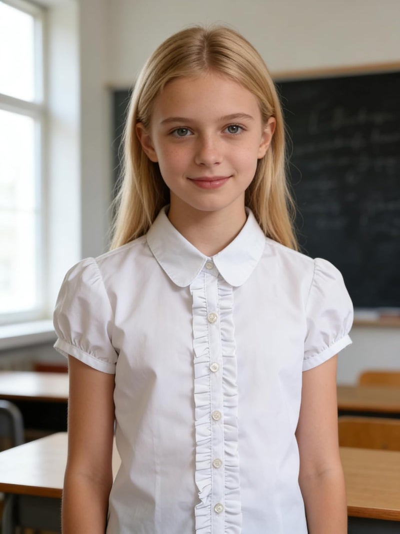 Bienzoe Girls Shirt Short Sleeve: White Button Up Kids School Uniform Cotton Oxford Collar Ruffle Dress Blouse - Image 2