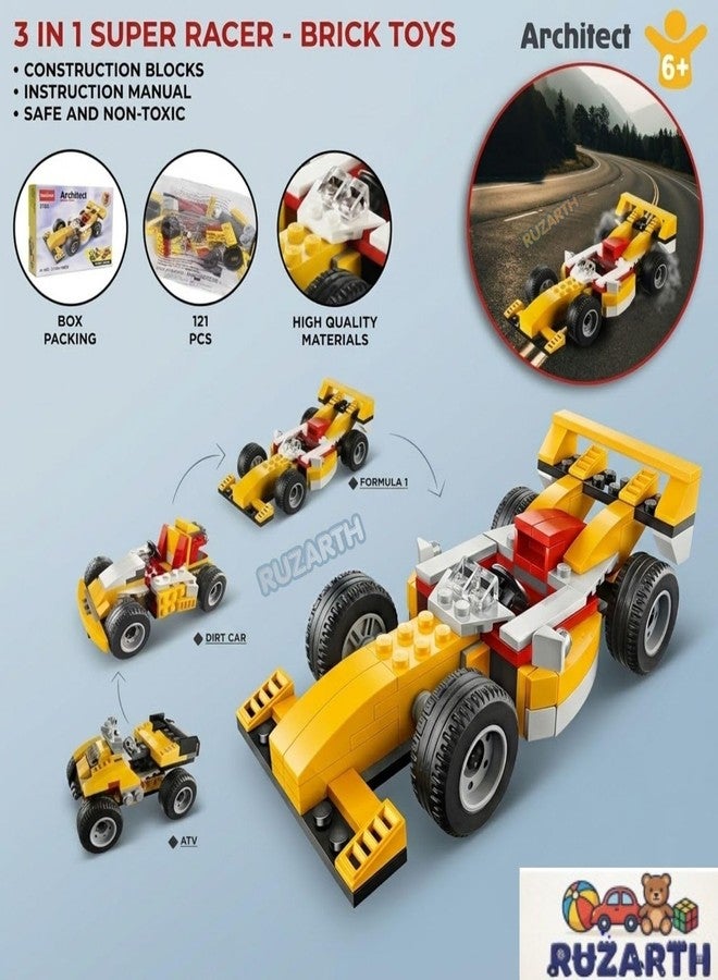 Ruzarth 3 in 1 Racing Car Building Blocks Set for Kids 6+ Years, 121 PCS STEM Construction Toy, Formula Race Car ATV Truck Model Kit, Educational DIY Brick Toy Gift for Boys Girls. - Image 3