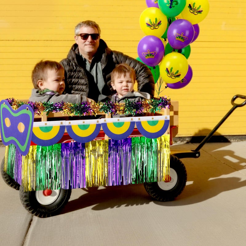 Seenelling 24 Pcs Mardi Gras Wagon Decorations DIY Mardi Gras Parade Float Kit Purple Green Gold Carnival Decor Tassel Foil Fringe, Garland, Balloons, Mask and Fan Flag for Outdoor Party Supplies - Image 4