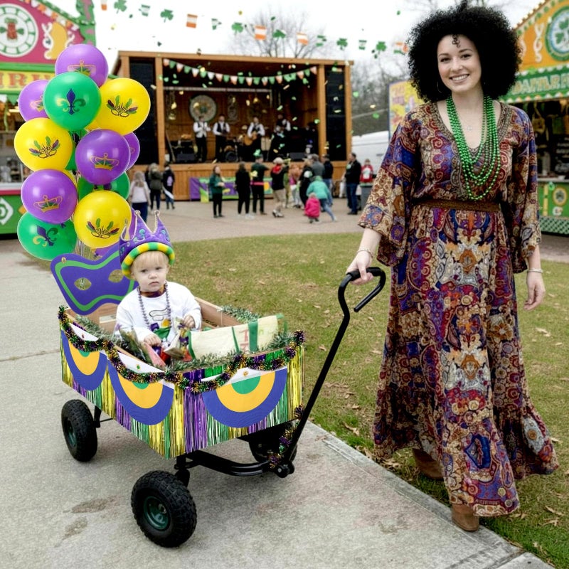 Seenelling 24 Pcs Mardi Gras Wagon Decorations DIY Mardi Gras Parade Float Kit Purple Green Gold Carnival Decor Tassel Foil Fringe, Garland, Balloons, Mask and Fan Flag for Outdoor Party Supplies - Image 5