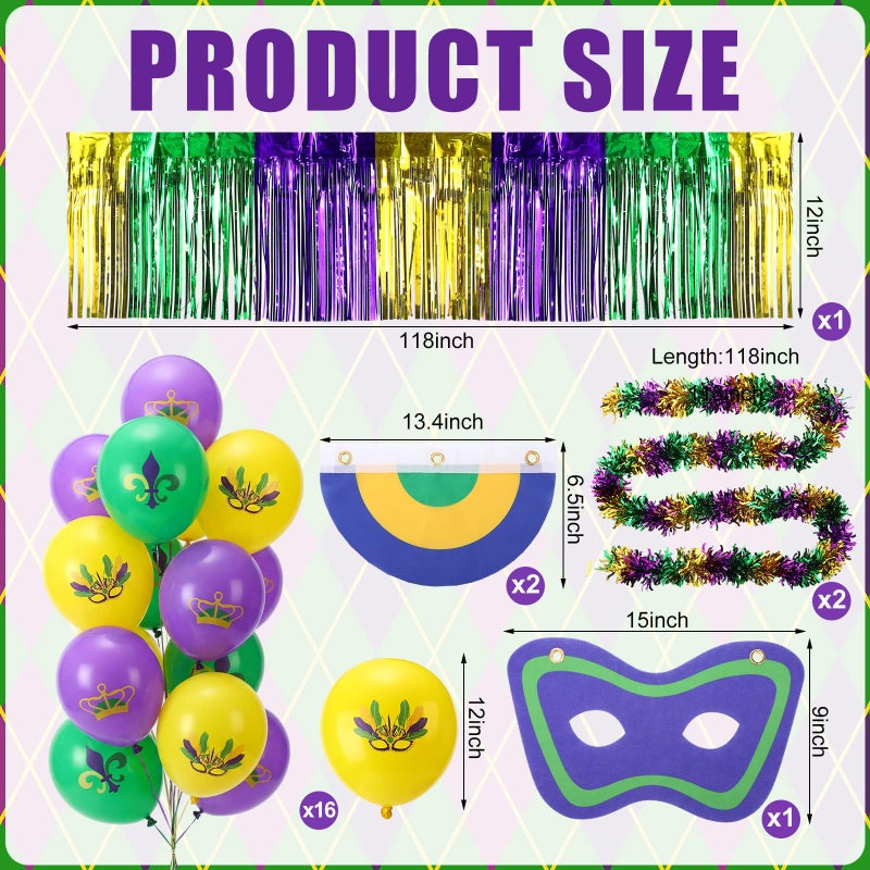 Seenelling 24 Pcs Mardi Gras Wagon Decorations DIY Mardi Gras Parade Float Kit Purple Green Gold Carnival Decor Tassel Foil Fringe, Garland, Balloons, Mask and Fan Flag for Outdoor Party Supplies - Image 2