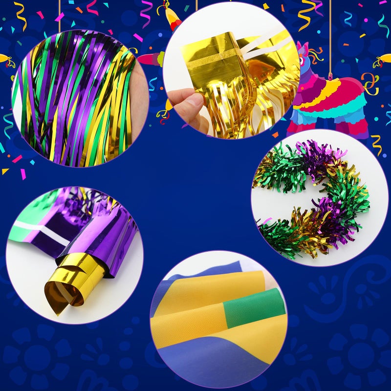 Seenelling 24 Pcs Mardi Gras Wagon Decorations DIY Mardi Gras Parade Float Kit Purple Green Gold Carnival Decor Tassel Foil Fringe, Garland, Balloons, Mask and Fan Flag for Outdoor Party Supplies - Image 3