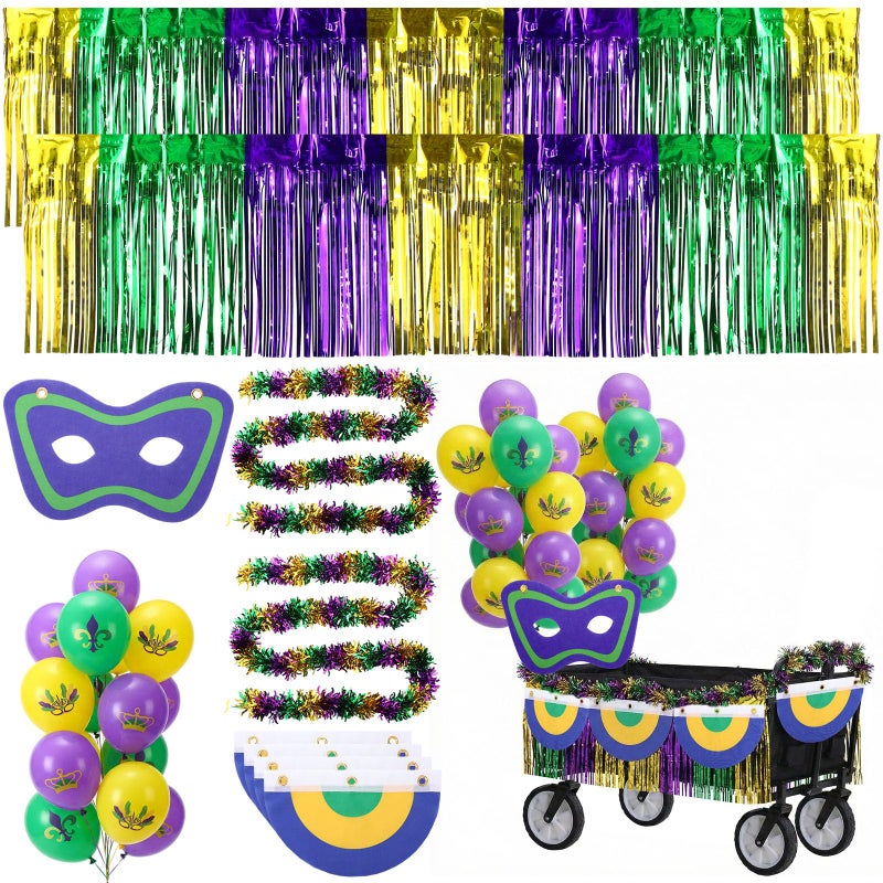 Seenelling 24 Pcs Mardi Gras Wagon Decorations DIY Mardi Gras Parade Float Kit Purple Green Gold Carnival Decor Tassel Foil Fringe, Garland, Balloons, Mask and Fan Flag for Outdoor Party Supplies - Image 1