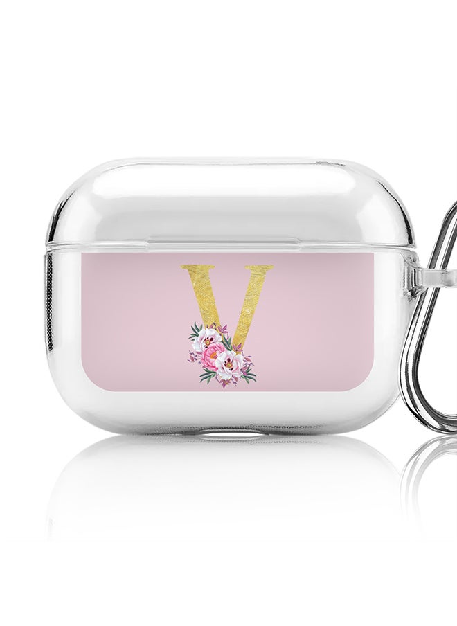 Stylizedd Classic Clear printed Case for Apple Airpods Pro Soft TPU Gel Thin Transparent Flexible Cover - Custom Monogram Initial Letter Floral Pattern Alphabet - V (Pink )  - Image 1