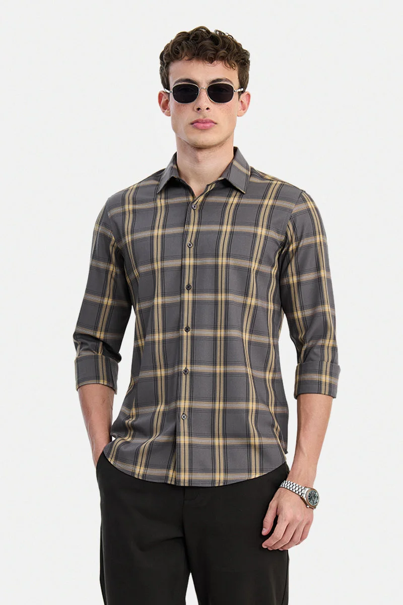 SNITCH Grey Checkered Long Sleeve Slim Fit Formal Luxe Shirt