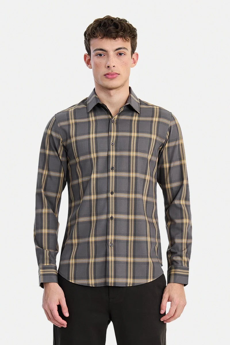 سنيتش Grey Checkered Long Sleeve Slim Fit Formal Luxe Shirt