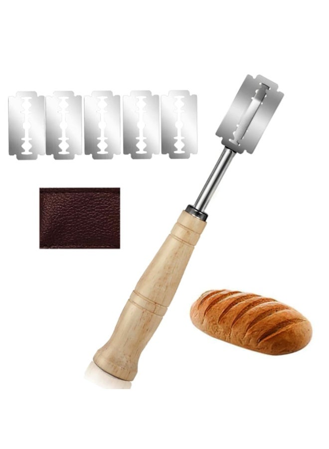 بريجووي سكين تقطيع الخبز، سكين تقطيع لامية سكين تقطيع يدوية الصنع عالية الجودة للخبز لتقطيع العجين المخمر، مستلزمات الخبز مع 5 شفرات قابلة للاستبدال - Image 1