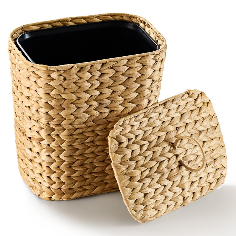 BLUEWEST 2.6 Gallon Wicker Trash Can with Lid, Handwoven Rattan Trash Can, Woven Decorative Wastebasket, Wicker Waste Basket with Removable Plastic Inner Bin for Bathroom, Bedroom, Office, or Kitchen - Image 1