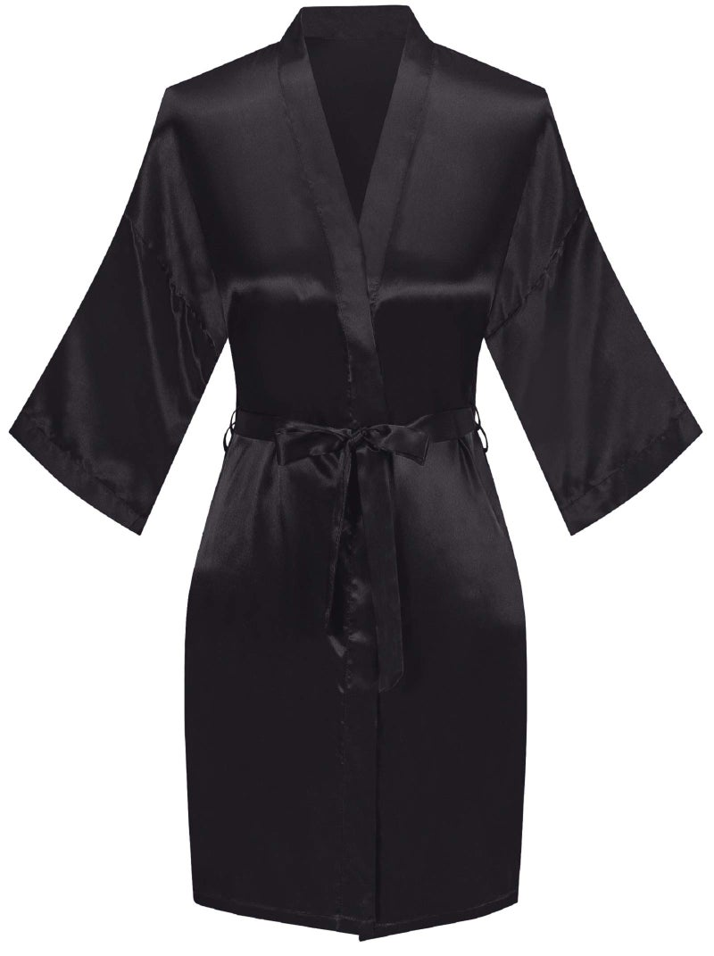 sunshinemall Women's Satin Kimono Robes with Rhinestones Bride Bridesmaid Short Getting Ready Wedding Dressing Gown Black - Image 2