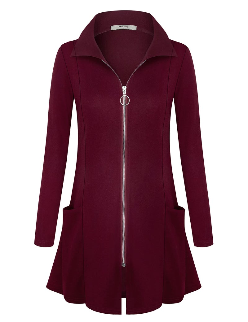 Miusey Tunic Sweatshirts for Women Long Zip Up Hoodies Warm Cardigans Cotton Lighweight Jackets with Pockets High Collar Flared Office Wear Wine L - Image 1