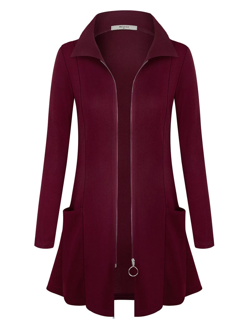 Miusey Tunic Sweatshirts for Women Long Zip Up Hoodies Warm Cardigans Cotton Lighweight Jackets with Pockets High Collar Flared Office Wear Wine L - Image 3