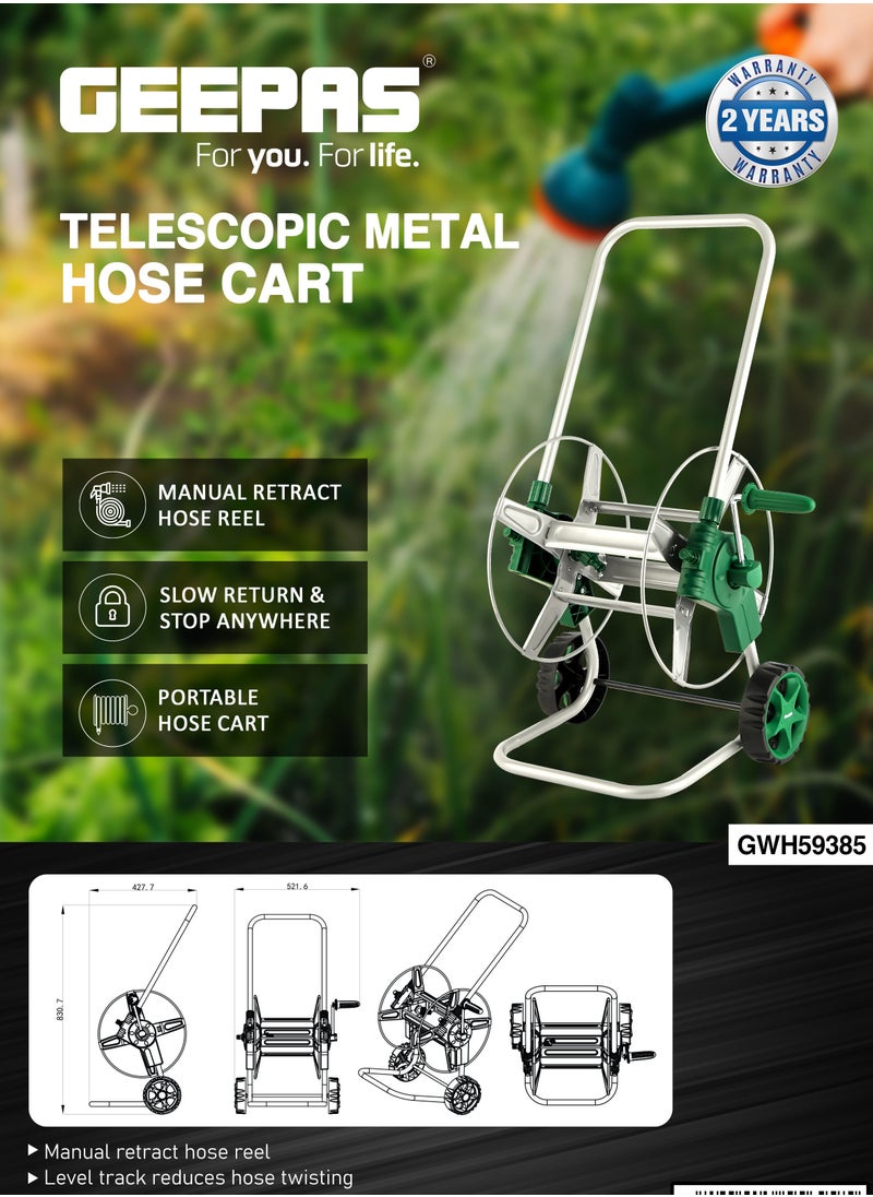 Telescopic Metal Hose cart 1x1, Manual Retract Hose Reel, Slow, Return & Stop Anywhere,  Portable Hose Cart, Matellic Framed Body , Level Track Reduces Hose Twisting.