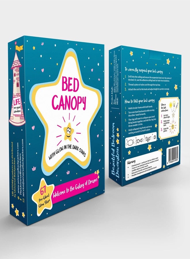 UB-STORE Canopy for Girls Bed with Pre-Glued Glow in The Dark Stars - Princess Mosquito Net Room Decor - Kids & Baby Bedroom Tent with Galaxy Lights - 1 Opening Canopy Bed & Hanging Kit Included - Image 2