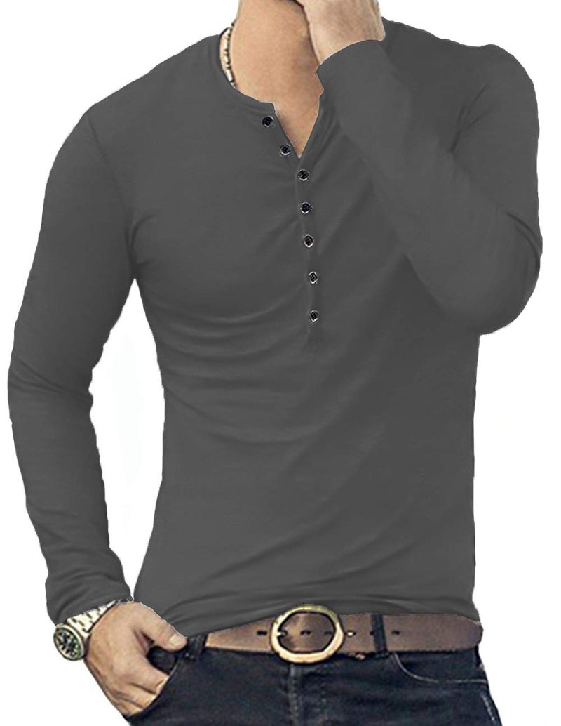YTD Mens Casual Slim Fit Basic Henley Long Sleeve Fashion T-Shirt M Dark Gray - Image 4