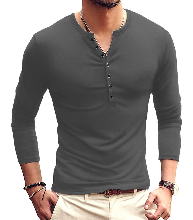 YTD Mens Casual Slim Fit Basic Henley Long Sleeve Fashion T-Shirt M Dark Gray - Image 1