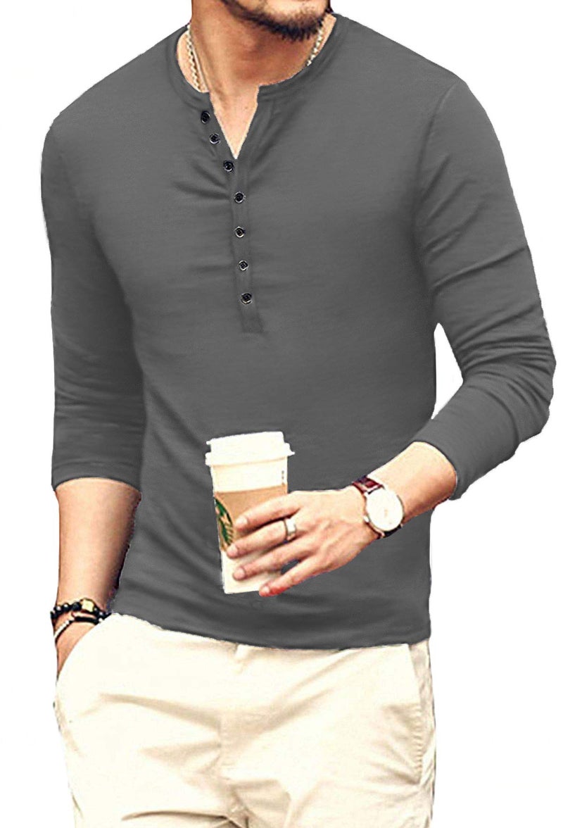 YTD Mens Casual Slim Fit Basic Henley Long Sleeve Fashion T-Shirt M Dark Gray - Image 2