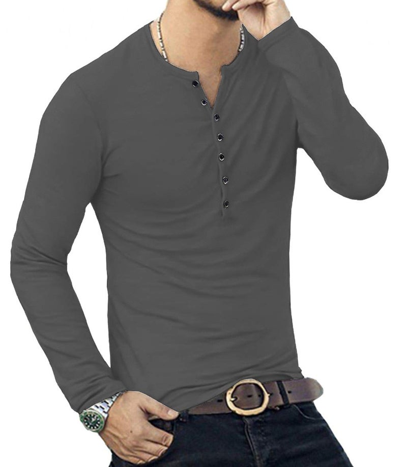 YTD Mens Casual Slim Fit Basic Henley Long Sleeve Fashion T-Shirt M Dark Gray - Image 5
