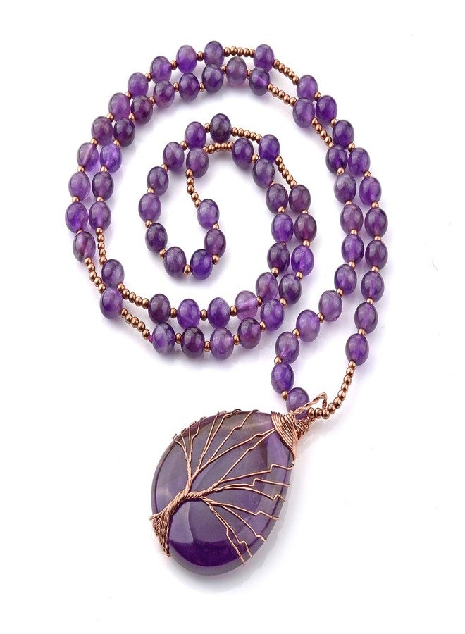Jovivi Natural Amethyst Quartz Healing Crystals Necklace Wire Wrapped Teardrop Life Tree Chakra Gemstone Pendant Mothers Day Christmas Gifts - Image 1
