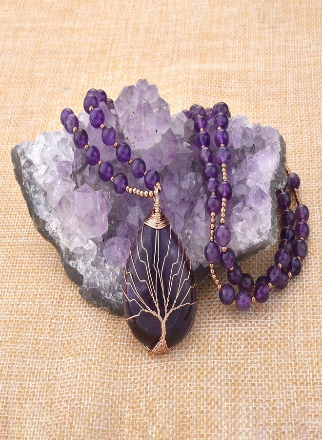 Jovivi Natural Amethyst Quartz Healing Crystals Necklace Wire Wrapped Teardrop Life Tree Chakra Gemstone Pendant Mothers Day Christmas Gifts - Image 2