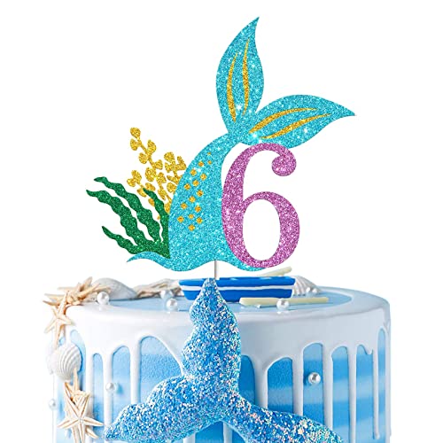Festiko®Mermaid Six Cake Topper, Happy 6th Birthday Cake Decor, I'm Six Sign, Little Mermaid Birthday Party Decoration Supplies, Daughter of The Sea, Under The Sea Themed, Ocean Themed - Glitter - Image 1
