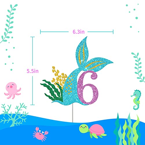 Festiko®Mermaid Six Cake Topper, Happy 6th Birthday Cake Decor, I'm Six Sign, Little Mermaid Birthday Party Decoration Supplies, Daughter of The Sea, Under The Sea Themed, Ocean Themed - Glitter - Image 2