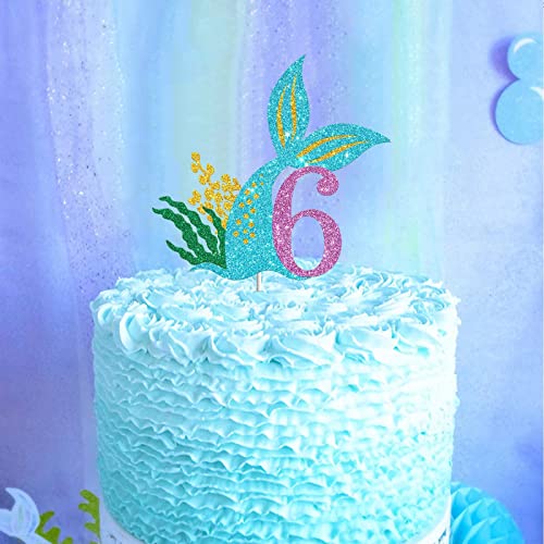 Festiko®Mermaid Six Cake Topper, Happy 6th Birthday Cake Decor, I'm Six Sign, Little Mermaid Birthday Party Decoration Supplies, Daughter of The Sea, Under The Sea Themed, Ocean Themed - Glitter - Image 4