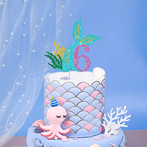 Festiko®Mermaid Six Cake Topper, Happy 6th Birthday Cake Decor, I'm Six Sign, Little Mermaid Birthday Party Decoration Supplies, Daughter of The Sea, Under The Sea Themed, Ocean Themed - Glitter - Image 3