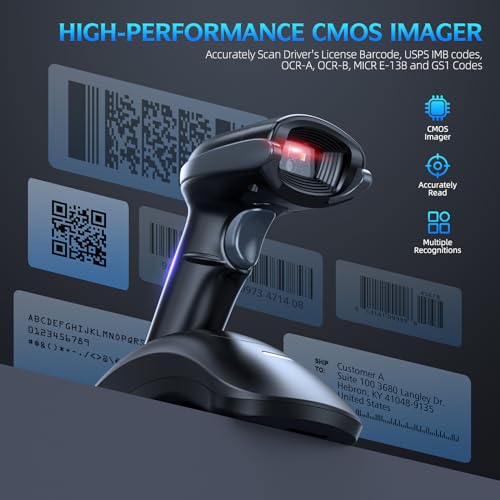 TEEMI 1D 2D Bluetooth Barcode Scanner with USB Charging Cradle & Data Receiver, Wireless QR Code Reader, Omnidirectional Scan for Driver’s License, Digital Coupons, Postal & OCR, Auto Hands-Free Mode - Image 2