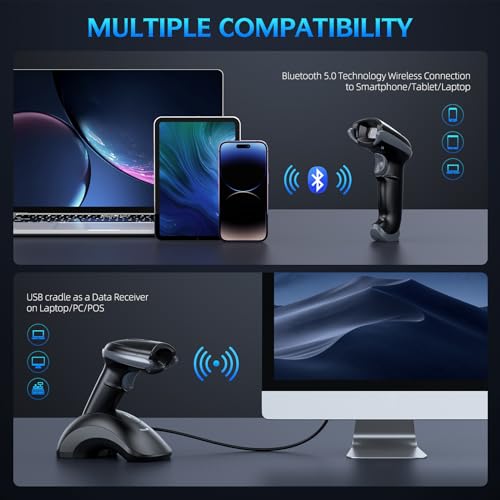 TEEMI 1D 2D Bluetooth Barcode Scanner with USB Charging Cradle & Data Receiver, Wireless QR Code Reader, Omnidirectional Scan for Driver’s License, Digital Coupons, Postal & OCR, Auto Hands-Free Mode - Image 4