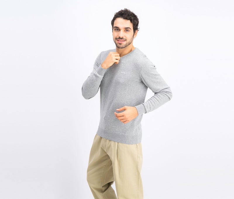 Hackett Men V-Neck Embroidered Logo Sweater, Heather Grey - Image 3