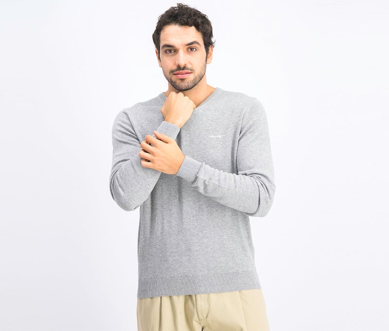 Hackett Men V-Neck Embroidered Logo Sweater, Heather Grey - Image 1