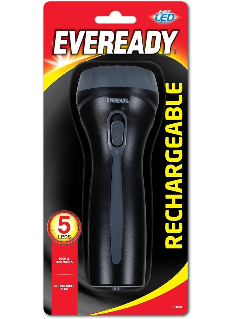 كشاف LED قابل لإعادة الشحن من EVERREADY - 5 لمبات LED - وضع إضاءة عالي ومنخفض - قابس مدمج قابل للسحب - أسود