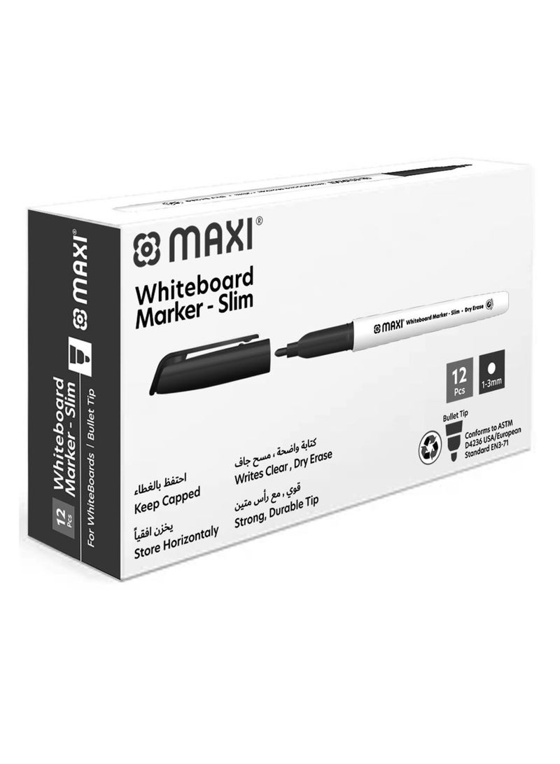 Maxi Markers سبورة بيضاء جافة 12 قطعة رفيعة الطرف سوداء