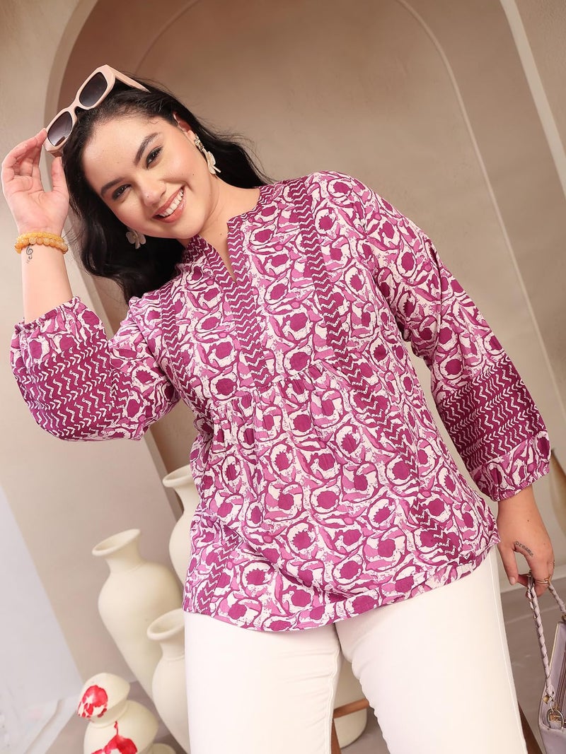 Stylum Women's Plus Size Purple Floral Printed Cotton Top - Image 5
