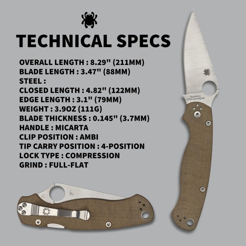Spyderco سكين سبايدركو بارا ميلتاري 2 بتوقيع مع شفرة من فولاذ CPM Cru-Wear بطول 3.47" ومقبض ميكارتا فاخر - حافة مستقيمة - C81MPCW2 - Image 5