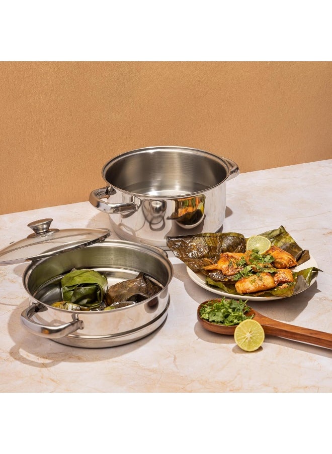 VINOD Stainless Steel 2 Tier/Momo/Modak Maker/Vegetable Steamer with Glass Lid & Riveted Handles  - Image 3
