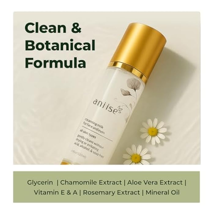 aniise Cleansing Milk for Face & Eyes – Makeup Remover & Hydrating Cleanser with Glycerin, Aloe Vera & Chamomile – Refines Pores, Promotes Even Complexion – For All Skin Types – 4 fl oz (120 mL) - Image 3