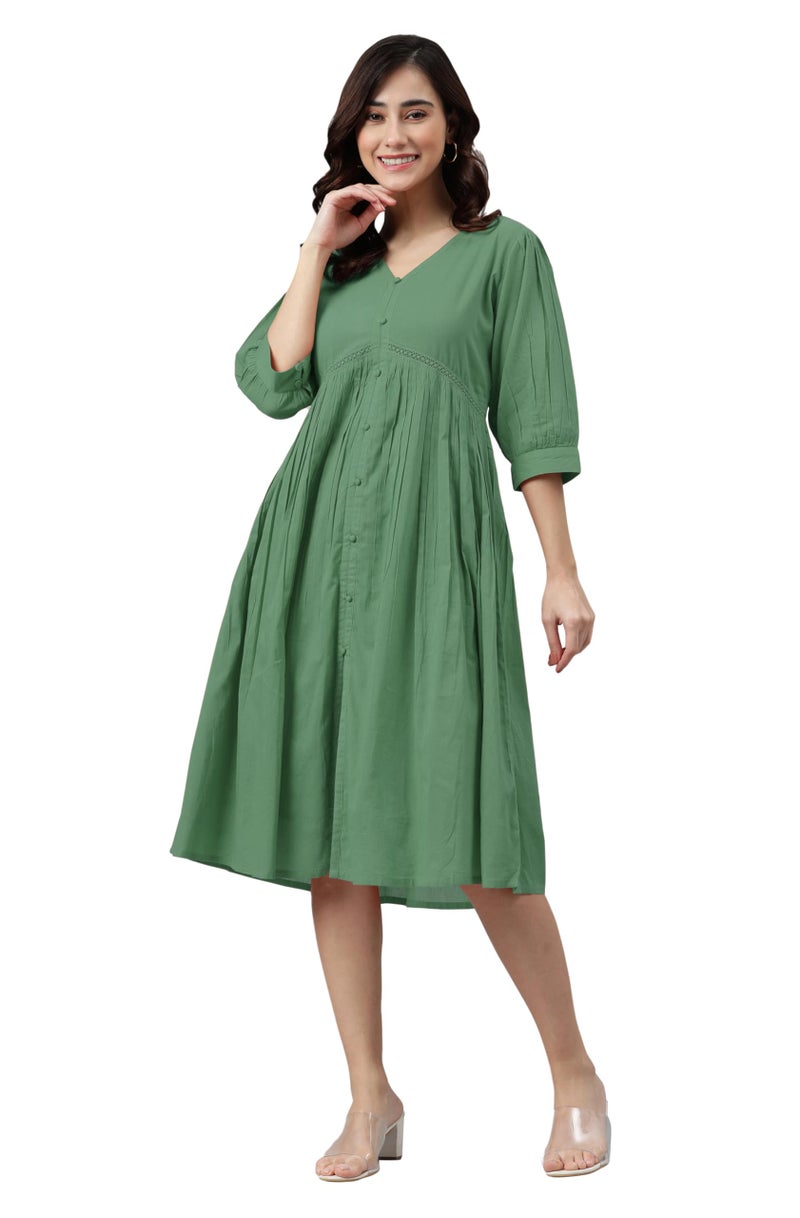 Janasya Women's Green Pure Cotton Solid Gathered Dress (JAC24DR01408-XL) - Image 1