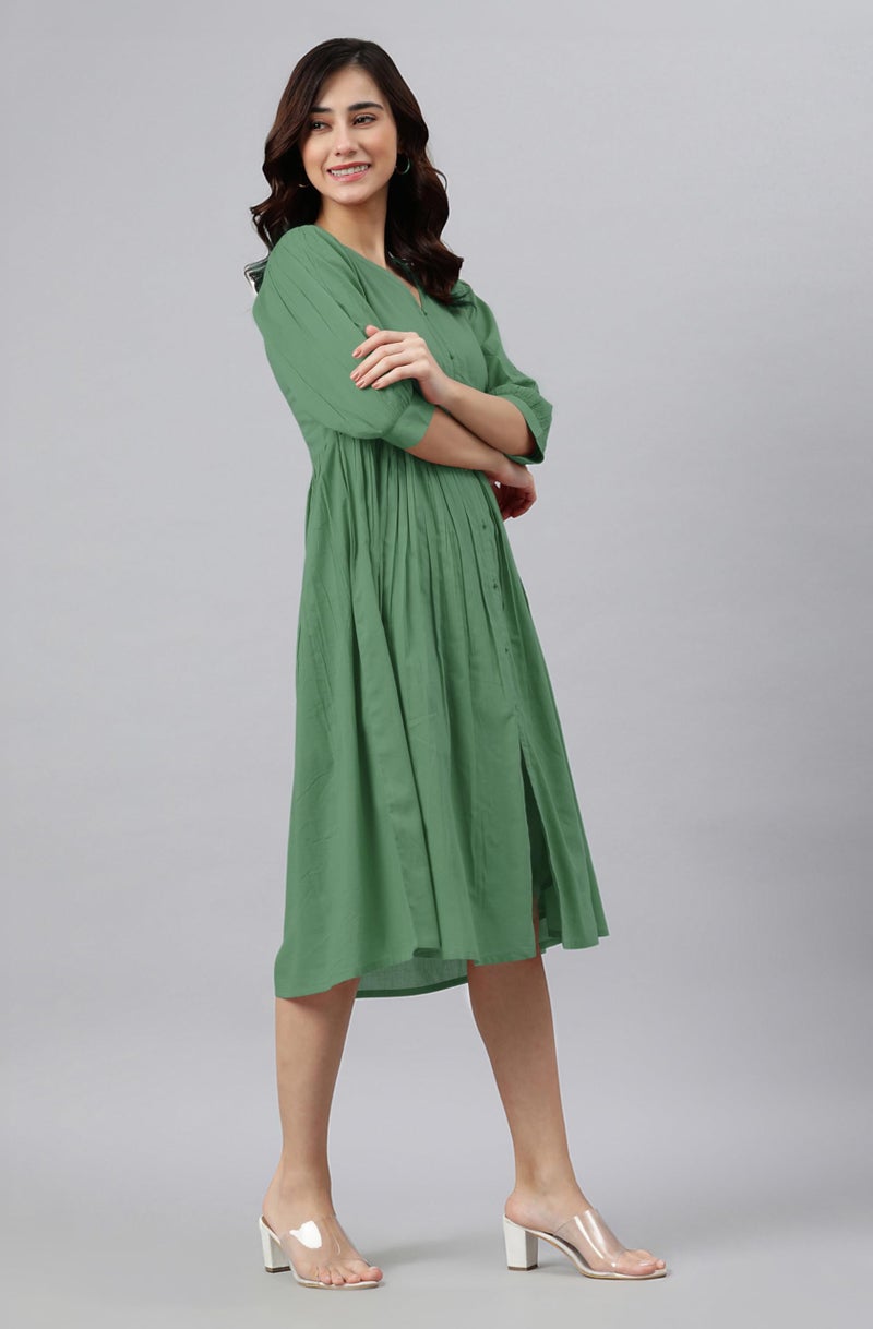 Janasya Women's Green Pure Cotton Solid Gathered Dress (JAC24DR01408-XL) - Image 2