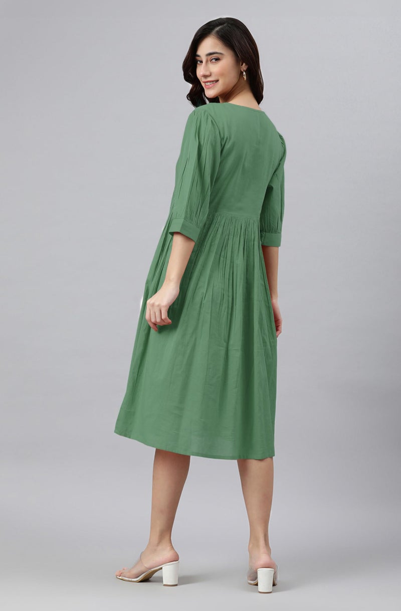 Janasya Women's Green Pure Cotton Solid Gathered Dress (JAC24DR01408-XL) - Image 4