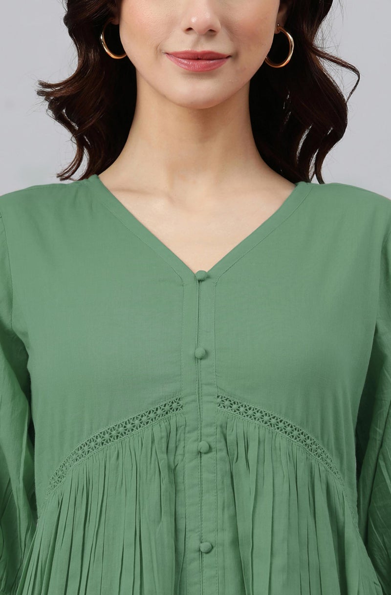 Janasya Women's Green Pure Cotton Solid Gathered Dress (JAC24DR01408-XL) - Image 5