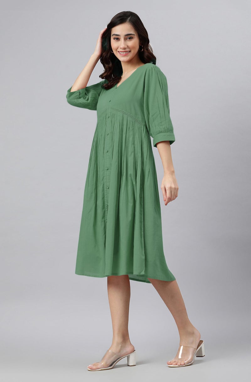 Janasya Women's Green Pure Cotton Solid Gathered Dress (JAC24DR01408-XL) - Image 3