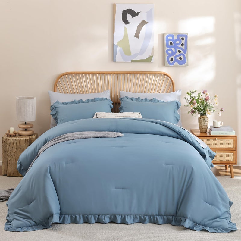 JANZAA Comforters Queen Size Mineral Blue Comforter Set Queen 3PCS(1 Ruffled Comforter Set and 2 Pillowcases) Shabby Chic Bedding Vintage Soft Fluffy Bed Set for All Season - Image 4