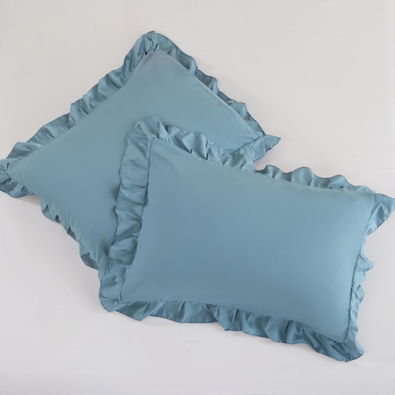 JANZAA Comforters Queen Size Mineral Blue Comforter Set Queen 3PCS(1 Ruffled Comforter Set and 2 Pillowcases) Shabby Chic Bedding Vintage Soft Fluffy Bed Set for All Season - Image 5
