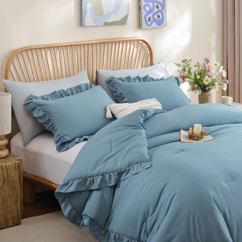 JANZAA Comforters Queen Size Mineral Blue Comforter Set Queen 3PCS(1 Ruffled Comforter Set and 2 Pillowcases) Shabby Chic Bedding Vintage Soft Fluffy Bed Set for All Season - Image 3