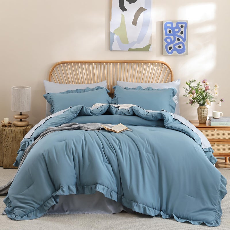 JANZAA Comforters Queen Size Mineral Blue Comforter Set Queen 3PCS(1 Ruffled Comforter Set and 2 Pillowcases) Shabby Chic Bedding Vintage Soft Fluffy Bed Set for All Season - Image 1