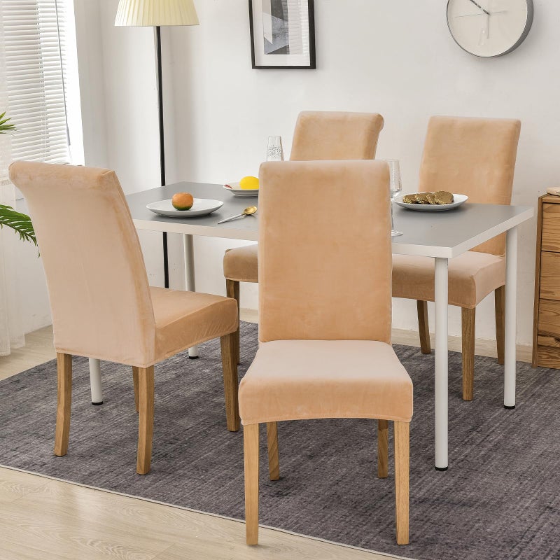 Smiry Velvet Stretch Chair Covers for Dining Room Set of 6, Soft Fit Removable Washable Kitchen Parsons Chair Slipcover Protector, Beige - Image 2