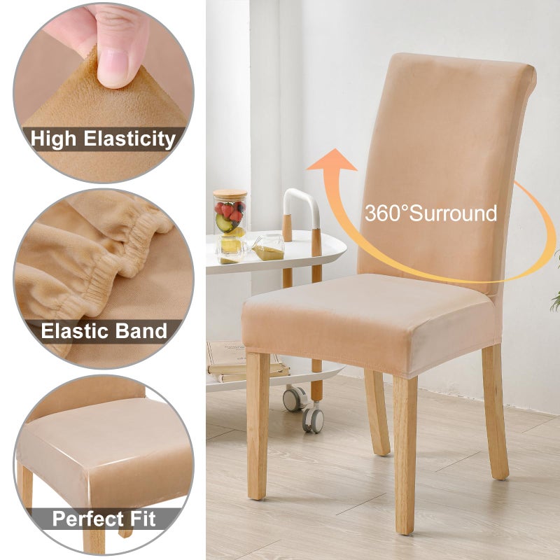 Smiry Velvet Stretch Chair Covers for Dining Room Set of 6, Soft Fit Removable Washable Kitchen Parsons Chair Slipcover Protector, Beige - Image 4