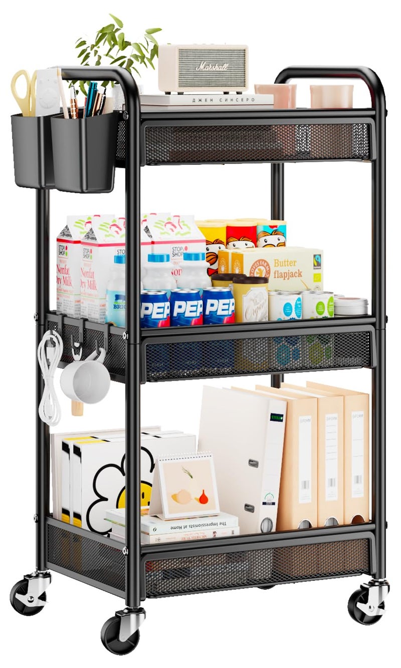 YASONIC 3 Tier Rolling Cart  Metal Utility Storage Cart with Wheels Craft Cart Organizer with Hanging Cups Hooks Mesh Basket for Bedside Kitchen Office Art Black